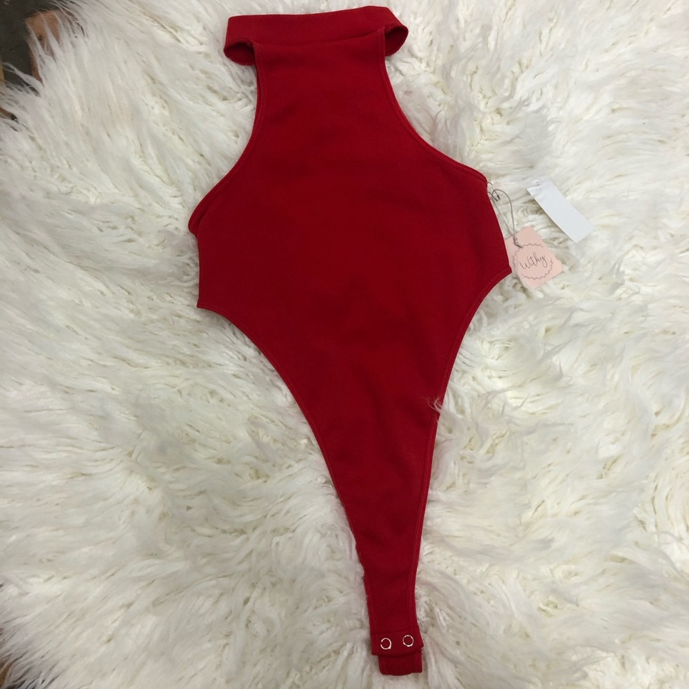 Red halter top thong one piece